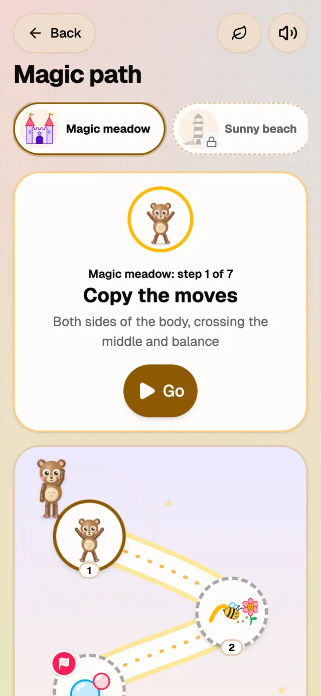 NeuroCrew’s Magic path on a phone: Bear, the buddy, waves beside the first step, “Copy the moves”, with a winding trail of game stops through the Magic meadow.